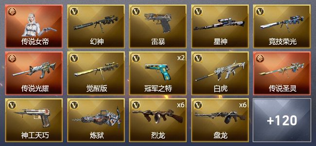 穿越火线（CF）1传说角色 2传说武器 5王者武器 5炫金武器 174V武器 5V角色 67皮肤 可排位