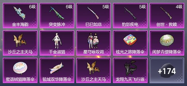 和平精英5升级枪 2粉装 2飞行器 111枪皮 67套装 35738热力 4印记 星钻