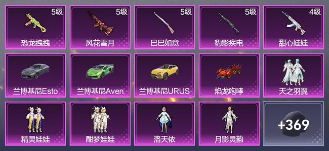 和平精英4载具 5升级枪 5粉装 2飞行器 204枪皮 176套装 69707热力 15印记 王牌