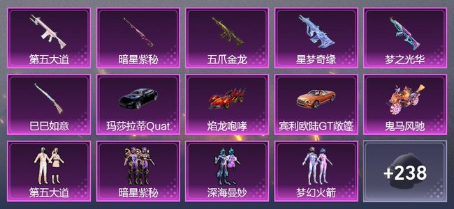 和平精英6载具 8升级枪 5粉装 264枪皮 187套装 0印记