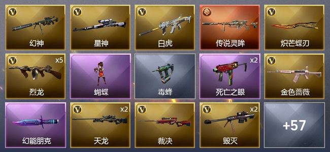 穿越火线（CF）1传说武器 1王者武器 4炫金武器 71V武器 6V角色 27皮肤 可排位 枪王