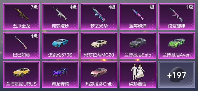 和平精英【苹果版】7载具 6升级枪 15粉装 1飞行器 115枪皮 80套装 50496热力 1印记 黄金