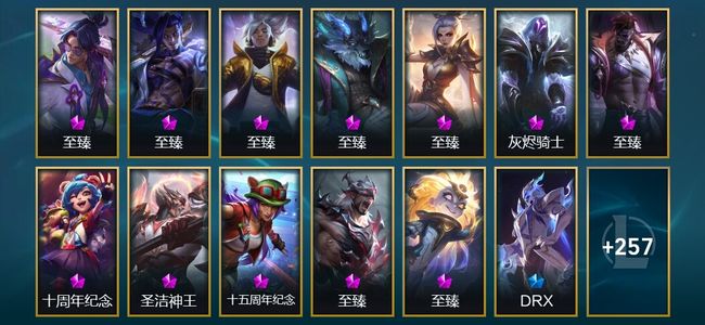英雄联盟（LOL）12神话 10臻彩 31限定 42传说 270皮肤 71炫彩 172英雄