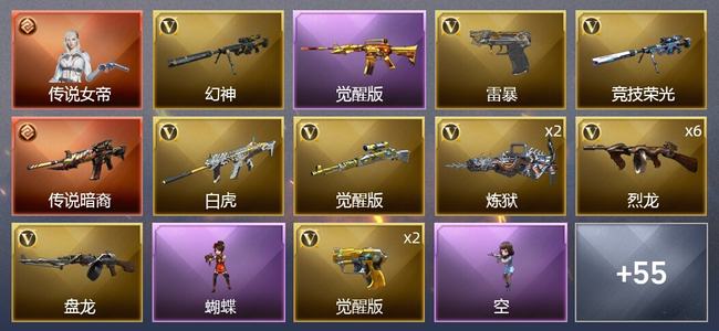 穿越火线（CF）1传说角色 1传说武器 4王者武器 4炫金武器 66V武器 4V角色 2皮肤 可排位 新锐