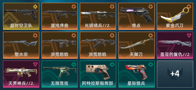 无畏契约1金皮 8橙皮 2紫皮 18皮肤 19770皮肤总价值 590已用源晶 铂金