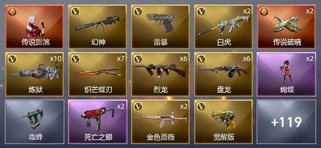 穿越火线（CF）1传说角色 1传说武器 3王者武器 2炫金武器 245V武器 14V角色 62皮肤 可排位 新锐