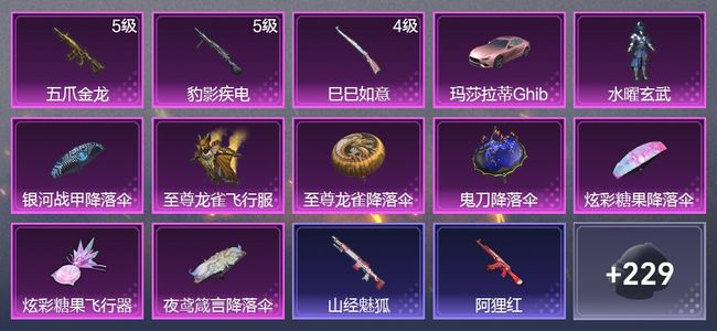 和平精英1载具 3升级枪 1粉装 2尾迹 109枪皮 126套装 41184热力 黄金