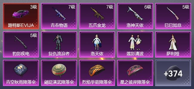 和平精英1载具 5升级枪 4粉装 1飞行器 206枪皮 175套装 74416热力 14印记 皇冠