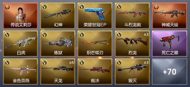 穿越火线（CF）1传说角色 1传说武器 3王者武器 8炫金武器 105V武器 7V角色 24皮肤 可排位 枪王