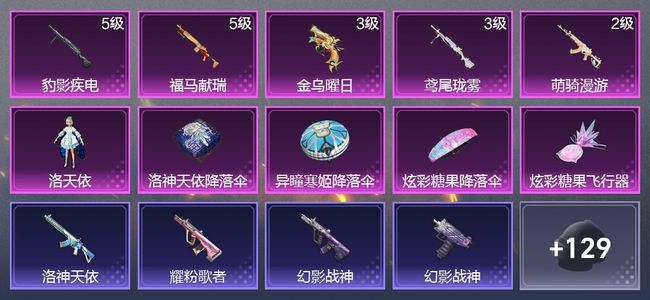 和平精英5升级枪 1粉装 1尾迹 88枪皮 59套装 21735热力 4印记 星钻