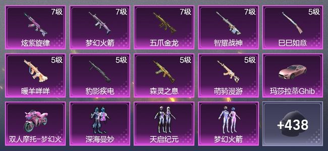 和平精英2载具 9升级枪 9粉装 3尾迹 235枪皮 194套装 97108热力 14印记 王牌