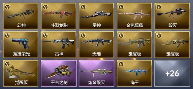 穿越火线（CF）1王者武器 1炫金武器 34V武器 1V角色 6皮肤 可排位 新锐