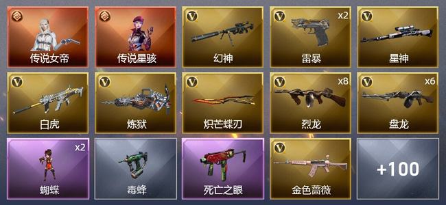 穿越火线（CF）2传说角色 1传说武器 5王者武器 3炫金武器 143V武器 6V角色 40皮肤 可排位 枪王