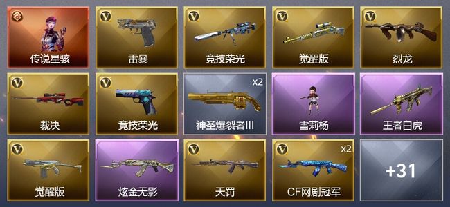 穿越火线（CF）1传说角色 1王者武器 1炫金武器 52V武器 3V角色 13皮肤 不可排位 新锐