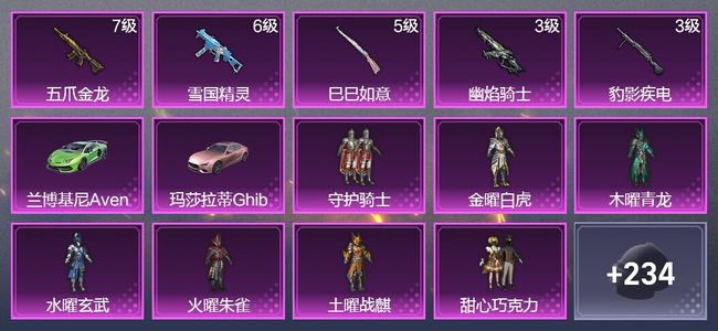 和平精英2载具 5升级枪 14粉装 1尾迹 126枪皮 113套装 49410热力 4印记