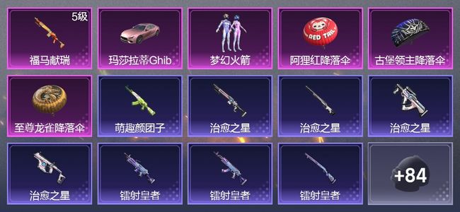 和平精英1载具 1升级枪 1粉装 61枪皮 44套装 20687热力 1印记 皇冠