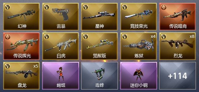 穿越火线（CF）2传说武器 7王者武器 7炫金武器 178V武器 11V角色 42皮肤 可排位 新锐