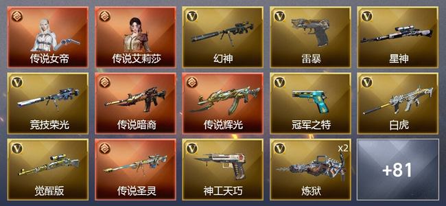 穿越火线（CF）2传说角色 3传说武器 4王者武器 2炫金武器 102V武器 7V角色 29皮肤 可排位 传奇