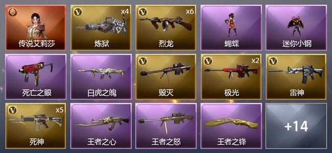 穿越火线（CF）1传说角色 4王者武器 2炫金武器 33V武器 2V角色 4皮肤 可排位 新锐