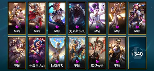 英雄联盟（LOL）16神话 12臻彩 47限定 49传说 364皮肤 236炫彩 171英雄 钻石