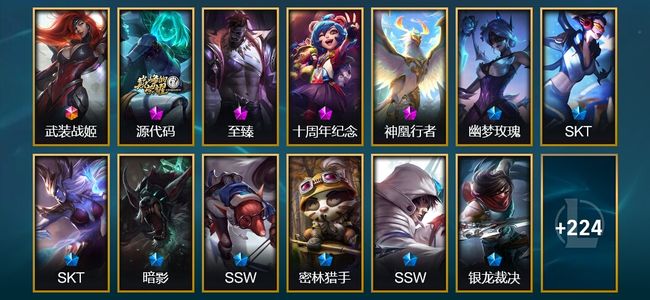 英雄联盟（LOL）1终极 5神话 6臻彩 37限定 19传说 243皮肤 69炫彩 170英雄 白银