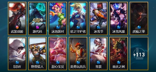 英雄联盟（LOL）1终极 1神话 22限定 13传说 128皮肤 7炫彩 94英雄 铂金