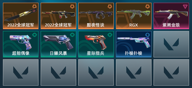 无畏契约4橙皮 1紫皮 9皮肤 10140皮肤总价值 285已用源晶 白银