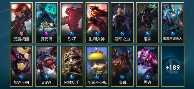 英雄联盟（LOL）1终极 1神话 2臻彩 23限定 12传说 202皮肤 21炫彩 161英雄
