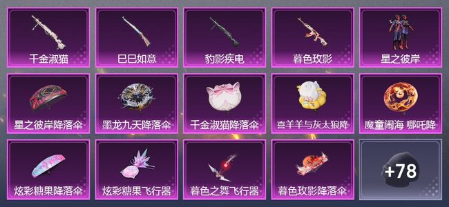 和平精英1载具 4升级枪 1粉装 2尾迹 64套装 2,7588热力 1印记