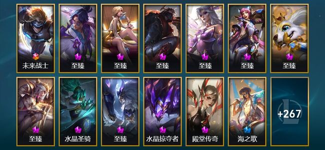 英雄联盟（LOL）1终极 14神话 13臻彩 46限定 24传说 294皮肤 395炫彩 172英雄