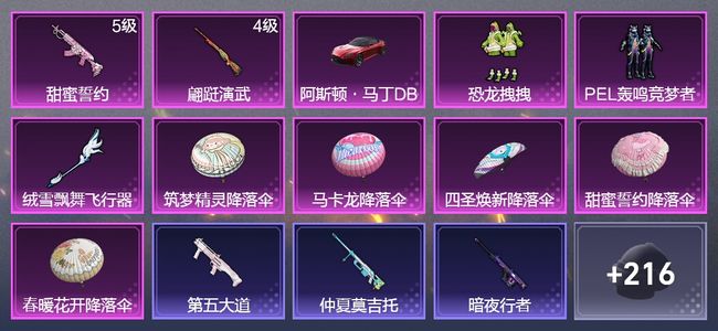 和平精英1载具 2升级枪 2粉装 1飞行器 136枪皮 106套装 39779热力 3印记 黄金