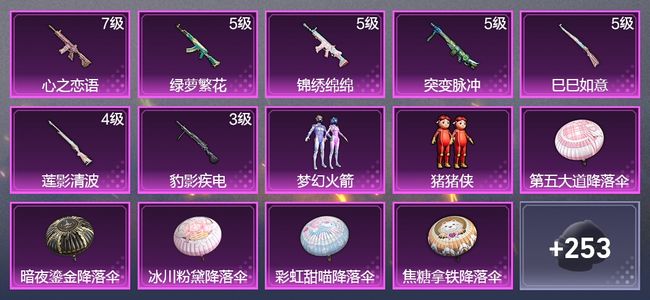 和平精英7升级枪 2粉装 1飞行器 170枪皮 102套装 47717热力 3印记