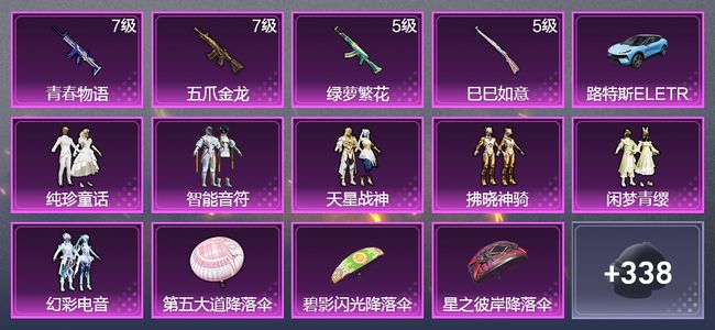 和平精英1载具 4升级枪 6粉装 1飞行器 201枪皮 158套装 63172热力 13印记 黄金