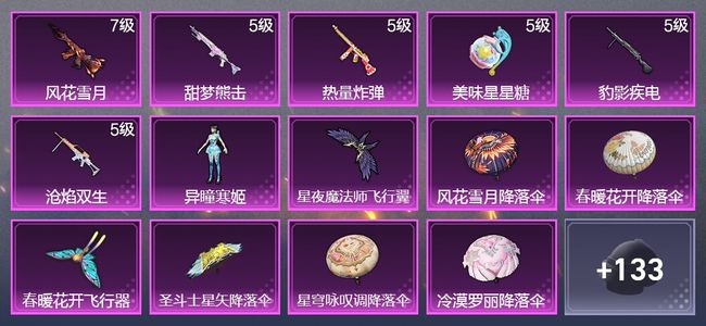 和平精英6升级枪 1粉装 2飞行器 89枪皮 56套装 29409热力 4印记 王牌