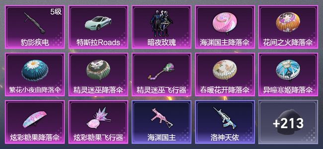 和平精英1载具 1升级枪 1粉装 1飞行器 127枪皮 106套装 40643热力 10印记 星钻