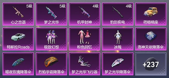 和平精英2载具 4升级枪 3粉装 1飞行器 152枪皮 113套装 50051热力 4印记 星钻