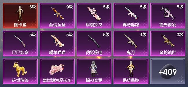 和平精英2载具 9升级枪 5粉装 8尾迹 268枪皮 164套装 87409热力 13印记 星钻