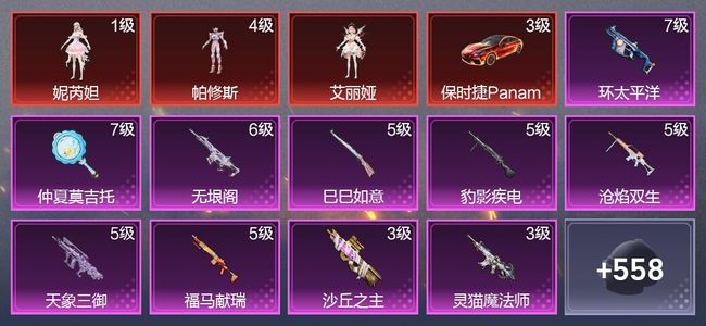 和平精英7载具 14升级枪 14粉装 15尾迹 325枪皮 213套装 120732热力 17印记 王牌