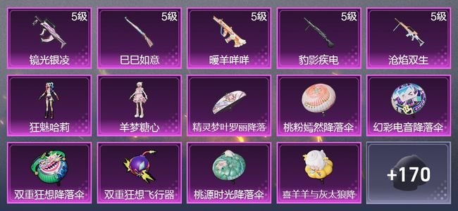 和平精英5升级枪 2粉装 1尾迹 121枪皮 68套装 31301热力 4印记