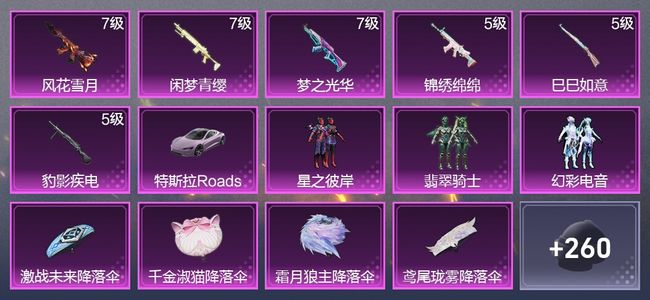 和平精英1载具 6升级枪 3粉装 176枪皮 117套装 55037热力 20印记 星钻