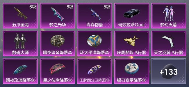 和平精英1载具 3升级枪 2粉装 3尾迹 73枪皮 58套装 8印记