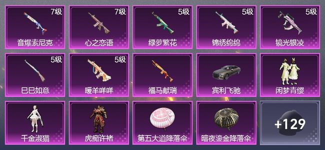 和平精英1载具 8升级枪 3粉装 1尾迹 82枪皮 52套装 6印记