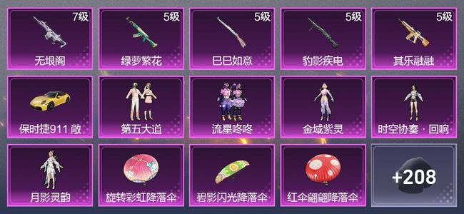和平精英1载具 5升级枪 5粉装 1尾迹 123枪皮 88套装 11印记