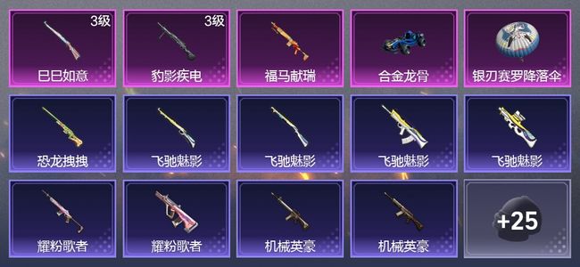 和平精英1载具 3升级枪 22枪皮 15套装 1印记
