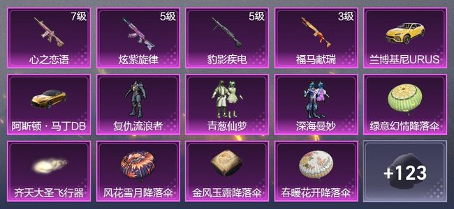 和平精英2载具 4升级枪 3粉装 1尾迹 68枪皮 58套装 4印记