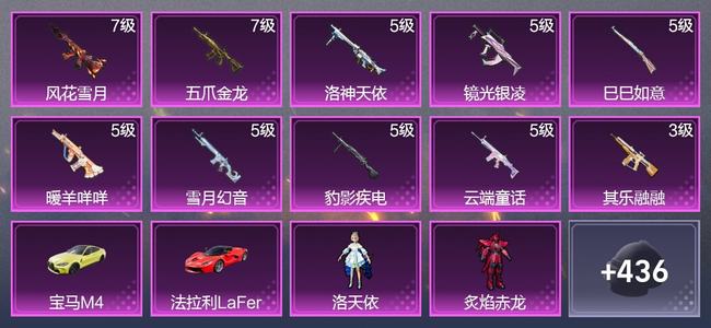 和平精英2载具 10升级枪 9粉装 2尾迹 274枪皮 180套装 77964热力 13印记 超级王牌
