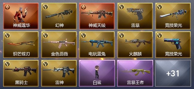 穿越火线（CF）1传说角色 1传说武器 4王者武器 33V武器 2V角色 11皮肤 可排位 枪王