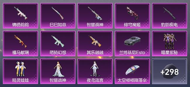 和平精英1载具 8升级枪 4粉装 2尾迹 204枪皮 197套装 6,9180热力 14印记