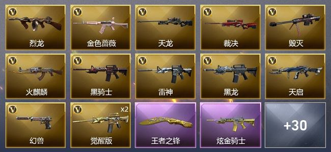 穿越火线（CF）1王者武器 1炫金武器 45V武器 1V角色 22皮肤 可排位 传奇