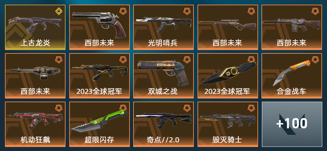 无畏契约23橙皮 1金皮 16紫皮 114皮肤 57310皮肤总价值 1490已用源晶 白银